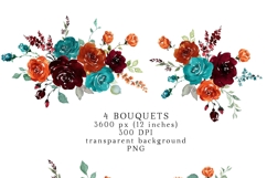 ethereal rust floral clipart teal burgundy burnt orange flowers watercolor png