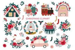 Christmas floral clipart set, car, house, train, present Product Image 1