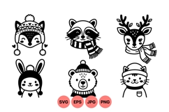 Hand Drawn Winter Animal Faces Printable Clipart Product Image 1