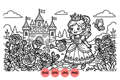 Princess and Castle Garden Coloring Illustration Product Image 1