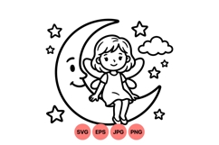 Hand Drawn Fairy Sitting On Crescent Moon Illustration Product Image 1