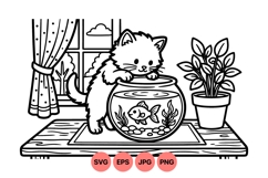 Hand Drawn Cat and Fishbowl Line Art Illustration Product Image 1