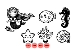 Hand Drawn Mermaid And Ocean Creatures SVG Icons Product Image 1