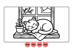 Sleeping Cat On Window SVG Line Art Design Product Image 1