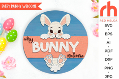 every bunny welcome svg, peeking bunny svg, easter bunny svg, rabbit ears svg, welcome sign svg, easter door sign svg, round hanging sign svg, laser cut file, layered sign svg, easter hanger svg, farmhouse easter svg, outdoor sign svg, glowforge cut file