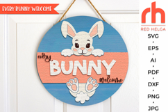 every bunny welcome svg, peeking bunny svg, easter bunny svg, rabbit ears svg, welcome sign svg, easter door sign svg, round hanging sign svg, laser cut file, layered sign svg, easter hanger svg, farmhouse easter svg, outdoor sign svg, glowforge cut file