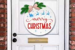 Merry Christmas round sign svg door hanger with Santa sleigh Product Image 3