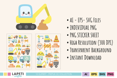 Cute excavator and construction elements clipart with sticker sheets, pastel colors, perfect for children’s crafts.