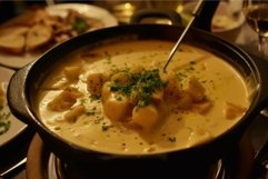 Traditional cheese fondue in cast iron pot Product Image 1