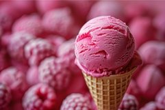 Cone of pink ice cream is being held up over a bunch of rasp Product Image 1