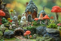 Enchanted forest miniature with rabbits and mushroom house Product Image 1