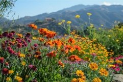 Vibrant wildflower meadow with mountain backdrop Product Image 1