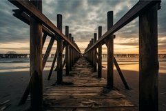 Sunset at wooden pier boardwalk on seashore Product Image 1