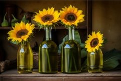 Trio of sunflowers in green glass bottles Product Image 1