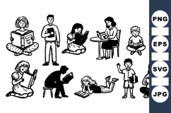 Black and White Reading People Silhouette Clipart Product Image 1