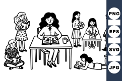 Hand Drawn School Girls Reading SVG Clipart Product Image 1