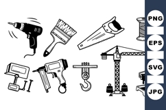 Black Line Construction Tools Vector Clipart Product Image 1