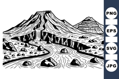 Black And White Mountain River Landscape Vector Product Image 1
