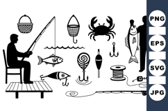 Fishing Silhouette Vector Clipart With Gear Product Image 1