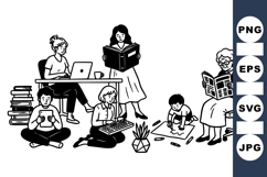 Multigenerational Family Reading SVG Line Art Product Image 1