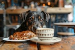 Hungry dog eyeing roast chicken on table Product Image 1