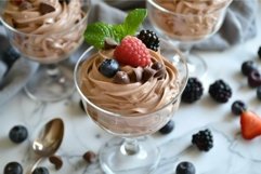 Chocolate mousse being served in fancy glass with fresh berr Product Image 1