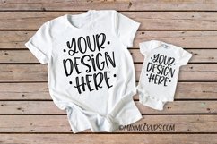 White t-shirt and baby bodysuit Mockup, wood backdrop Product Image 1