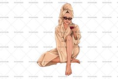 Brunette woman with wine in beige spa robe. Fashion clipart Product Image 1