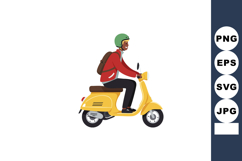 Man riding yellow scooter wearing green helmet and red jacke Product Image 1