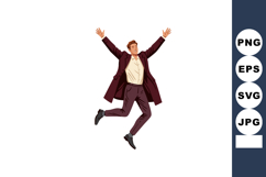 Man jumping in suit and long coat expressing happiness and s Product Image 1