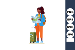 Young woman solo traveler exploring with map and suitcase in Product Image 1