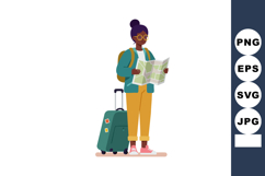 Woman traveler holding map with suitcase and backpack planni Product Image 1