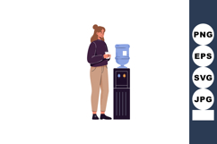 Woman standing near water cooler drinking cup casual clothin Product Image 1