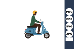 Man riding blue scooter wearing yellow helmet and green jack Product Image 1