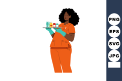 Nurse holding tray with medication bottles in orange uniform Product Image 1