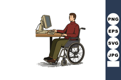 Man using computer in wheelchair working at desk with vintag Product Image 1