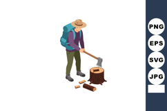 Backpacker chopping wood with axe on tree stump outdoor camp Product Image 1