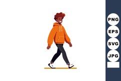 Young man walking confidently in casual orange hoodie and bl Product Image 1