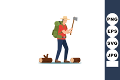 Hiker chopping wood with axe outdoors wearing backpack and h Product Image 1