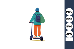 Person riding electric scooter wearing blue hat green jacket Product Image 1