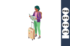 Woman traveler reading map with suitcase and backpack planni Product Image 1