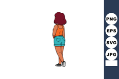 Woman with red hair wearing orange tank top and blue shorts Product Image 1