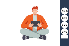 Young man sitting cross-legged using tablet device casual or Product Image 1