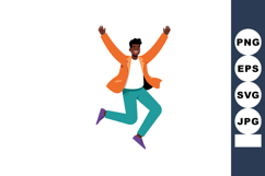 Happy young man jumping with raised arms wearing orange jack Product Image 1