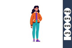 Young woman standing smiling wearing orange jacket teal pant Product Image 1