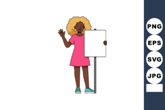 Woman holding blank sign waving hand wearing pink dress and Product Image 1