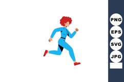 Woman running in blue sportswear with red shoes and curly ha Product Image 1