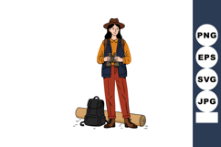 Female hiker with binoculars standing near backpack and camp Product Image 1