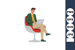 Young man working on laptop sitting modern chair casual outf Product Image 1