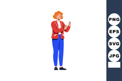 Red haired woman in red jacket and blue pants standing with Product Image 1